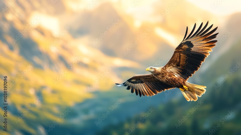 Obraz premium Eagle soaring over picturesque mountains, nature in vibrant colors.