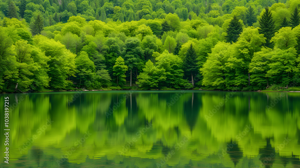 Beautiful mountain lake in forest. Tranquil calming nature panorama, perfect water surface and reflections. Green forest trees, spring summer natural travel, freedom background. AI generated Beautiful mountain lake in forest. Tranquil calming nature panorama, perfect water surface and reflections. Green forest trees, spring summer natural travel, freedom background. AI generated