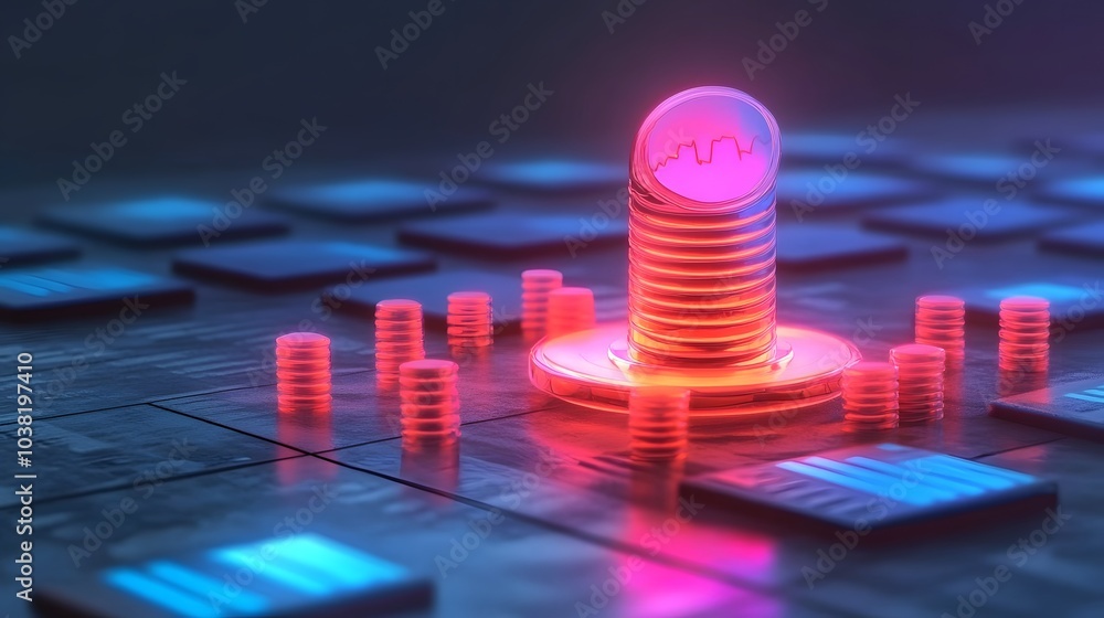 A luminous coin surrounded by increasing graphs and data, symbolizing growth at an investment conference A luminous coin surrounded by increasing graphs and data, symbolizing growth at an investment conference