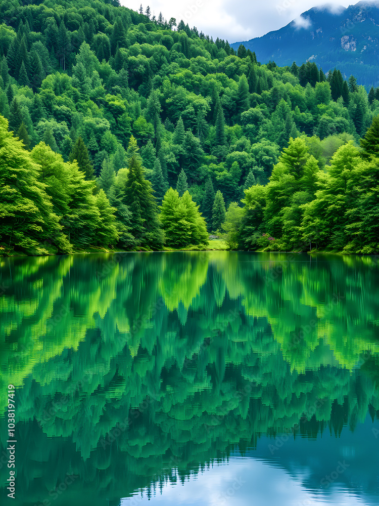 Beautiful mountain lake in forest. Tranquil calming nature panorama, perfect water surface and reflections. Green forest trees, spring summer natural travel, freedom background. AI generated Beautiful mountain lake in forest. Tranquil calming nature panorama, perfect water surface and reflections. Green forest trees, spring summer natural travel, freedom background. AI generated