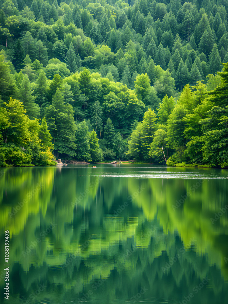 Beautiful mountain lake in forest. Tranquil calming nature panorama, perfect water surface and reflections. Green forest trees, spring summer natural travel, freedom background. AI generated Beautiful mountain lake in forest. Tranquil calming nature panorama, perfect water surface and reflections. Green forest trees, spring summer natural travel, freedom background. AI generated