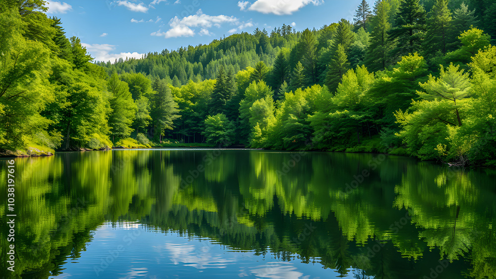 Beautiful mountain lake in forest. Tranquil calming nature panorama, perfect water surface and reflections. Green forest trees, spring summer natural travel, freedom background. AI generated Beautiful mountain lake in forest. Tranquil calming nature panorama, perfect water surface and reflections. Green forest trees, spring summer natural travel, freedom background. AI generated