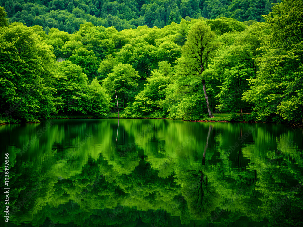 Beautiful mountain lake in forest. Tranquil calming nature panorama, perfect water surface and reflections. Green forest trees, spring summer natural travel, freedom background. AI generated Beautiful mountain lake in forest. Tranquil calming nature panorama, perfect water surface and reflections. Green forest trees, spring summer natural travel, freedom background. AI generated