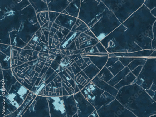 Painterly Style City Map of Poperinge, Belgium in a Blue Color Scheme. photo