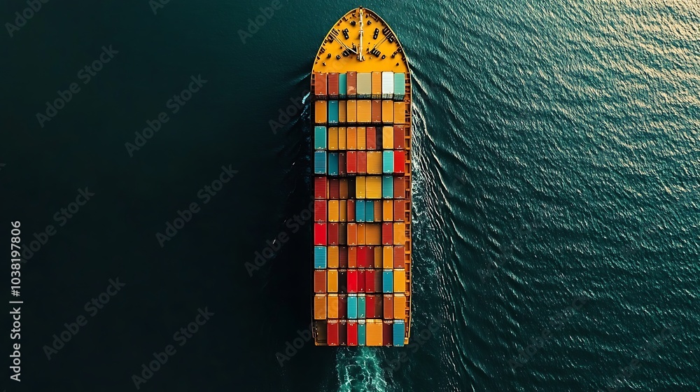 An aerial view of a large cargo ship with colorful shipping containers sailing on the open ocean. An aerial view of a large cargo ship with colorful shipping containers sailing on the open ocean.