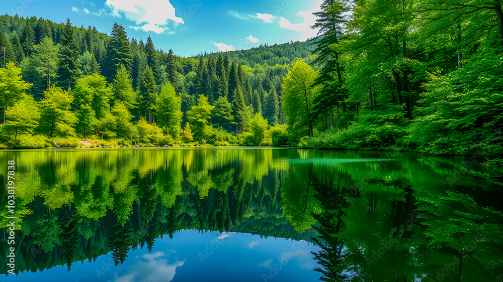 Beautiful mountain lake in forest. Tranquil calming nature panorama, perfect water surface and reflections. Green forest trees, spring summer natural travel, freedom background. AI generated Beautiful mountain lake in forest. Tranquil calming nature panorama, perfect water surface and reflections. Green forest trees, spring summer natural travel, freedom background. AI generated
