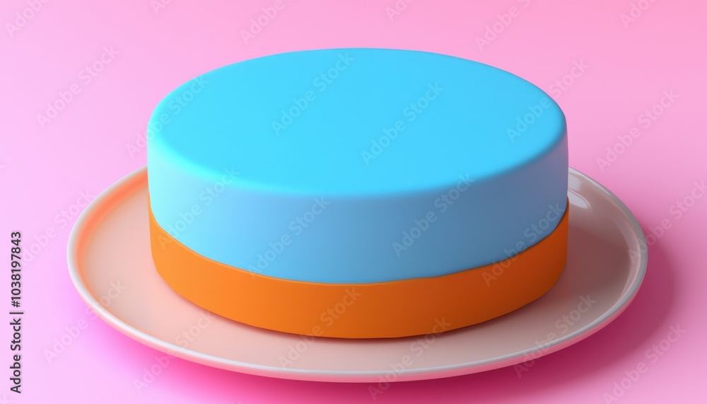 A simple, round cake with a blue top and orange bottom, presented on a light-colored plate against a pink background. A simple, round cake with a blue top and orange bottom, presented on a light-colored plate against a pink background.