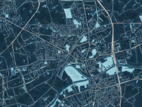 Painterly Style City Map of Menen, Belgium in a Blue Color Scheme. photo