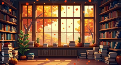 Wallpaper Mural A cozy autumn bookstore with large windows framing a view of falling leaves outside, warm lighting inside, and stacks of books inviting readers to settle in. Torontodigital.ca