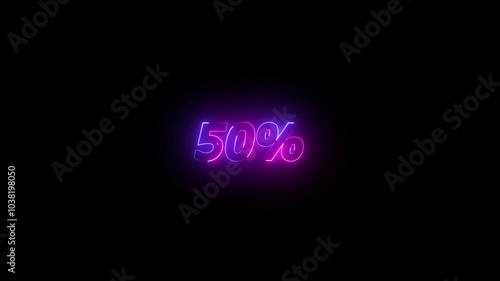 50 percent neon glowing sign on black background loop animation. 4k video text Animated.