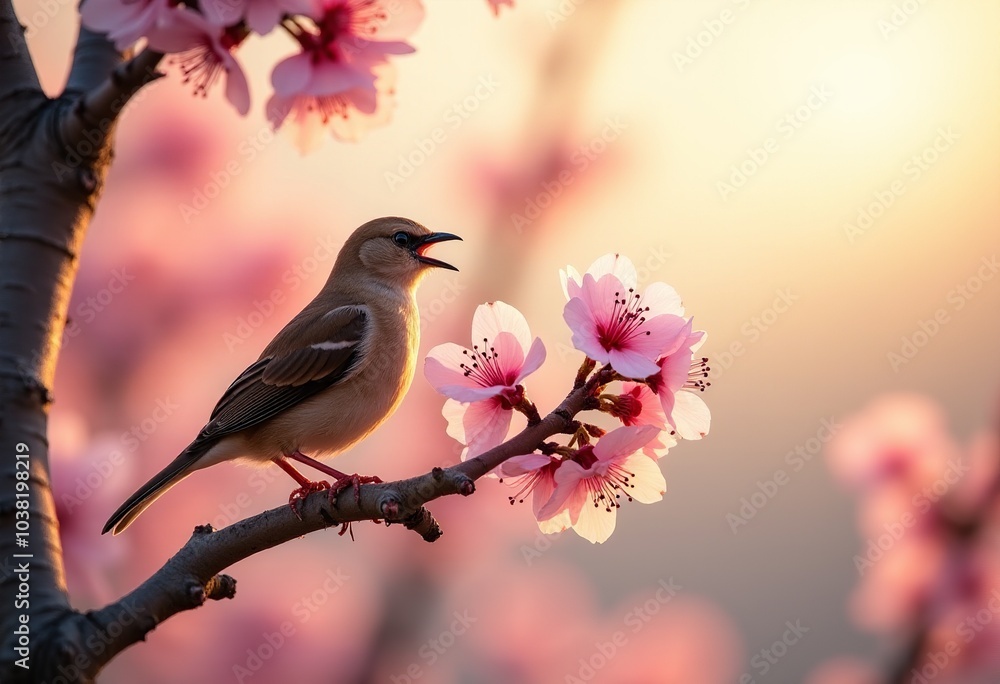 Delicate Nightingale Amidst Cherry Blossoms: Capturing the Beauty of Dawn's First Light and Nature's Harmony Delicate Nightingale Amidst Cherry Blossoms: Capturing the Beauty of Dawn's First Light and Nature's Harmony