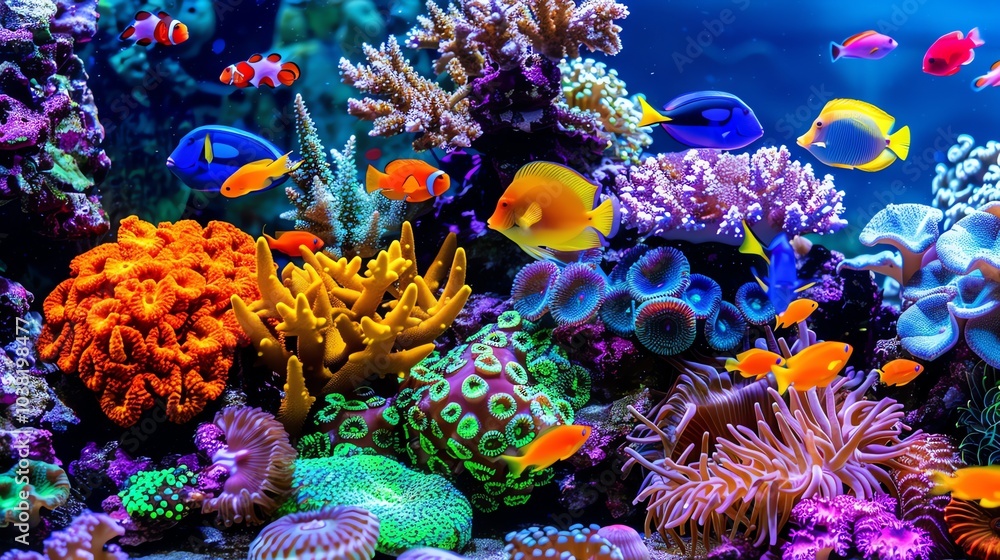 Obraz premium A vibrant coral reef teeming with colorful fish.