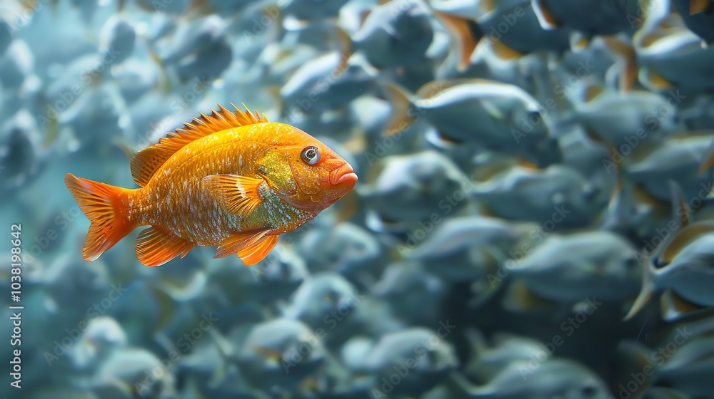 A single orange fish swims amongst a school of blue fish. A single orange fish swims amongst a school of blue fish.