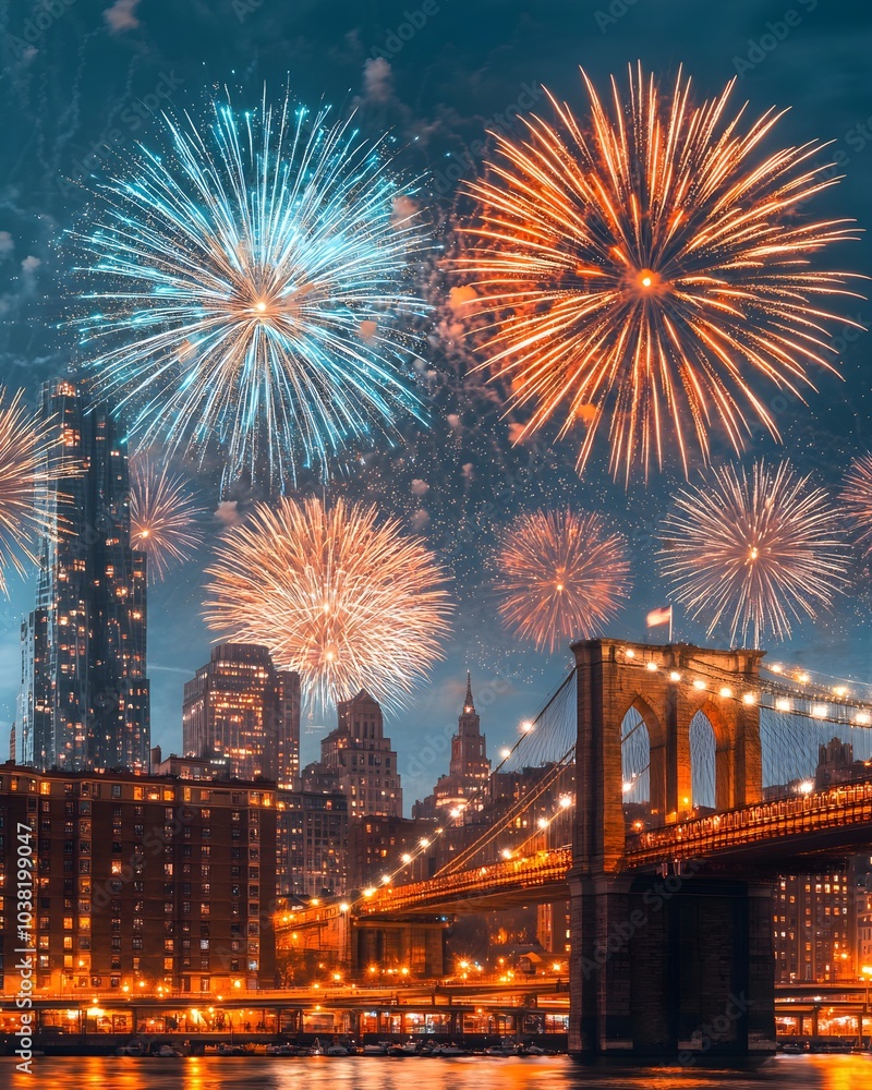 Spectacular fireworks over Brooklyn Bridge at night Spectacular fireworks over Brooklyn Bridge at night