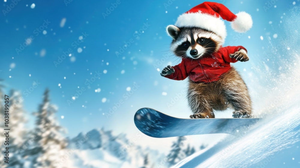 A raccoon wearing a Santa hat and red jacket snowboards joyfully on a sunny winter day surrounded by snow-covered trees A raccoon wearing a Santa hat and red jacket snowboards joyfully on a sunny winter day surrounded by snow-covered trees