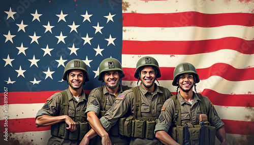  A group portrait of four smiling men in military uniform, standing in front of an American flag background. The men are diverse in ethnicity and appearance.