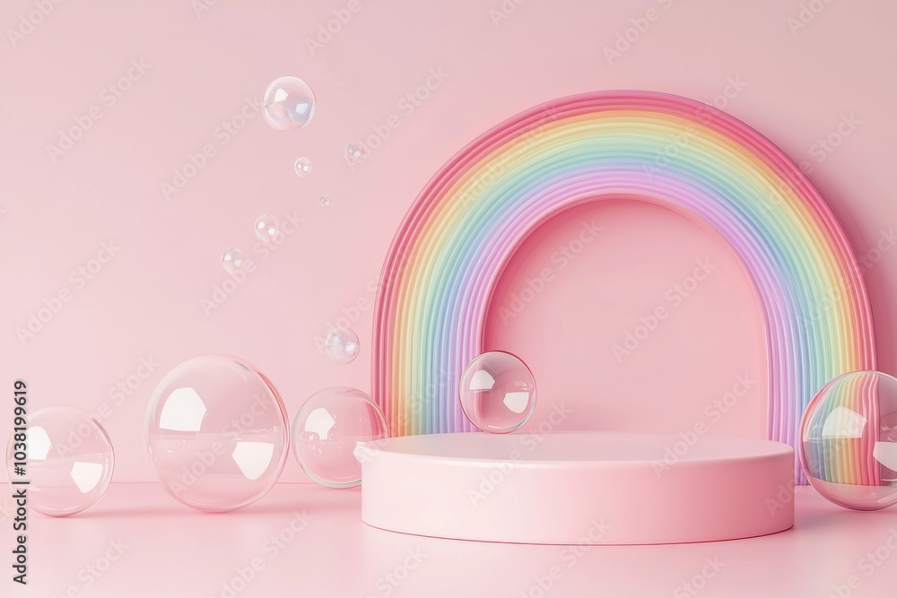 A whimsical scene featuring a pastel pink background, a rainbow arch, and floating bubbles, ideal for playful designs or children's themes. A whimsical scene featuring a pastel pink background, a rainbow arch, and floating bubbles, ideal for playful designs or children's themes.