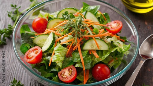 Fresh Garden Salad with Tangy Vinaigrette in Clear Bowl