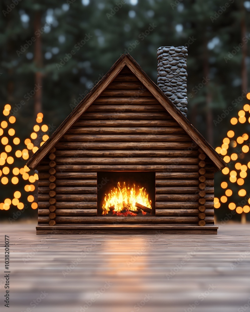 Cozy log cabin with a fireplace in a festive forest setting Cozy log cabin with a fireplace in a festive forest setting