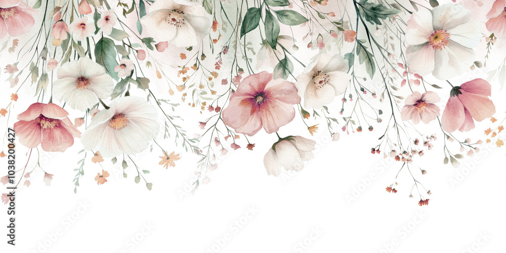 Fototapeta Wildflowers floral watercolor seamless border on white background. Wild fields herbs flower bouquet frame pattern. Illustration, wedding stationery, wallpapers, fashion, textile, prints, baby shower.