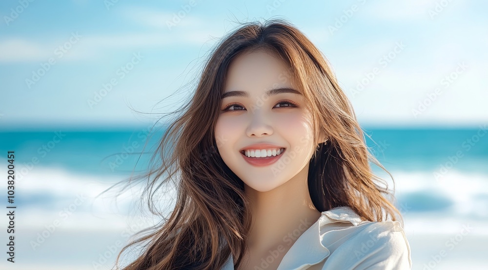 Joyful woman smiling at the beach with a beautiful ocean background under a clear sky Joyful woman smiling at the beach with a beautiful ocean background under a clear sky