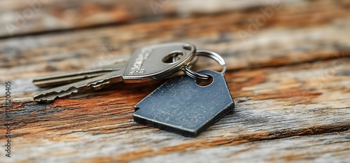 A house key with a metal keychain on a wooden surface.