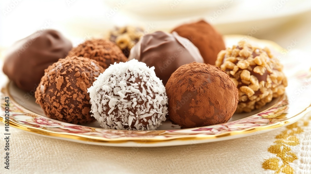 Chocolate truffles on a decorative plate, arranged with care, some with coconut coating and others with crunchy hazelnut pieces, on a soft cloth. --chaos Chocolate truffles on a decorative plate, arranged with care, some with coconut coating and others with crunchy hazelnut pieces, on a soft cloth. --chaos