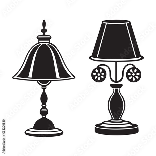 Lamp silhouette icon set. Black color logos floor lamp, nightlights, chandeliers ceiling lamp, table lamp. Modern interior light furniture