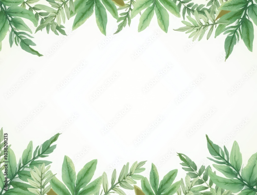 Fototapeta premium Floral frame template. Green leaves border. Watercolor leafs frame banner