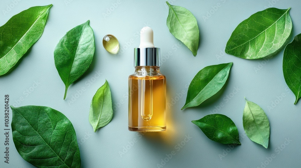 Natural cosmetic product oil or essence in a bottle with a dropper, with fresh green leaves, top view. Concept of beauty, skin, hair or body care Natural cosmetic product oil or essence in a bottle with a dropper, with fresh green leaves, top view. Concept of beauty, skin, hair or body care