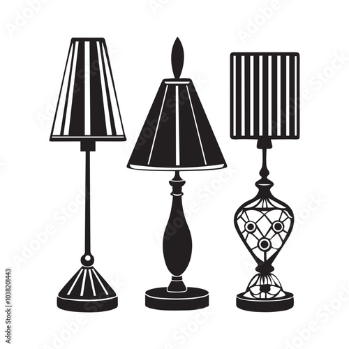 Lamp silhouette icon set. Black color logos floor lamp, nightlights, chandeliers ceiling lamp, table lamp. Modern interior light furniture