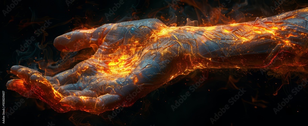 Fototapeta premium A luminous hand glimmers with fiery orange and yellow hues, surrounded by flickering flames, creating a mesmerizing display of heat and light in darkness