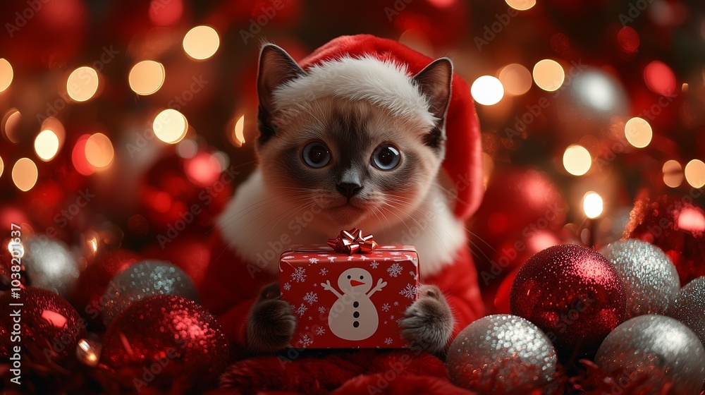 A cute Siamese kitten dressed in a festive Santa hat, holding a red Christmas gift box with a snowman design. A cute Siamese kitten dressed in a festive Santa hat, holding a red Christmas gift box with a snowman design.
