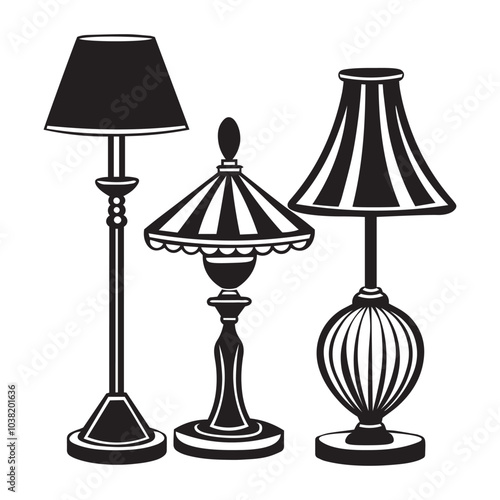 Lamp silhouette icon set. Black color logos floor lamp, nightlights, chandeliers ceiling lamp, table lamp. Modern interior light furniture