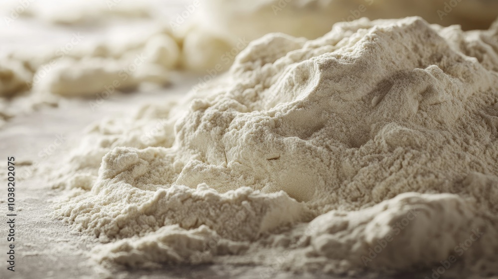 Close-up of a heap of wheat flour on a grey background, with the flour forming soft peaks, emphasizing the texture and lightness. --chaos Close-up of a heap of wheat flour on a grey background, with the flour forming soft peaks, emphasizing the texture and lightness. --chaos