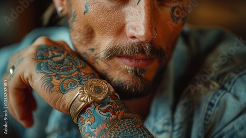 A man with detailed tattoos showcases his artistry as he rests his chin on his hand, highlighting his ornate ring and captivating expression