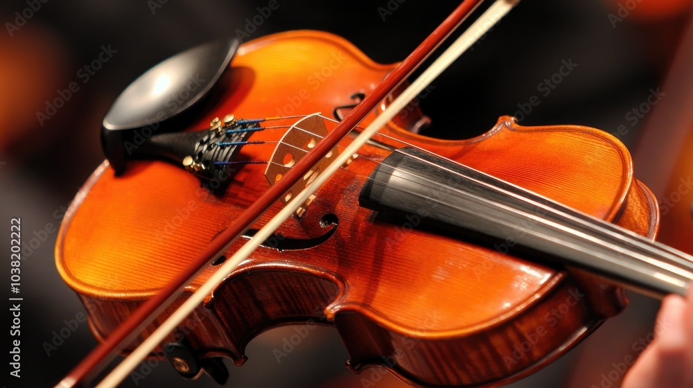 Close-up of a violinist's bow gliding over the strings, with the instrument's polished wood reflecting the light, emphasizing craftsmanship. --chaos Close-up of a violinist's bow gliding over the strings, with the instrument's polished wood reflecting the light, emphasizing craftsmanship. --chaos