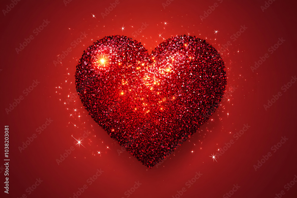 A sparkling red heart made of glitter on a vibrant red background, symbolizing love and affection. A sparkling red heart made of glitter on a vibrant red background, symbolizing love and affection.