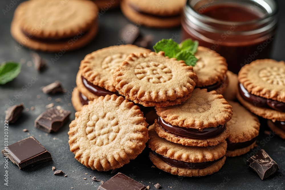 Stack of round cookies filled with chocolate cream on dark background Stack of round cookies filled with chocolate cream on dark background