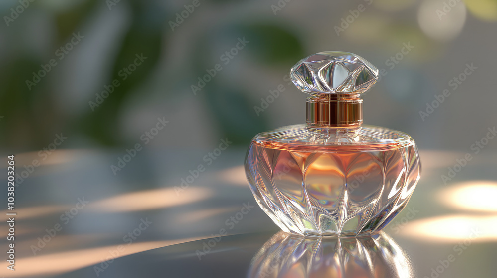 Glass perfume bottle reflecting soft light elegantly Glass perfume bottle reflecting soft light elegantly