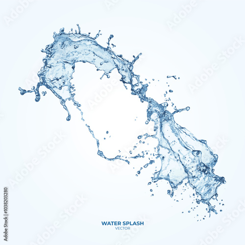 Realistic transparent isolated vector set splashes of water with drops. 3d vector liquid swirls, splashing fluids with droplets.
