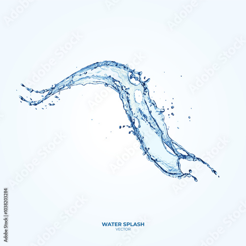 Realistic transparent isolated vector set splashes of water with drops. 3d vector liquid swirls, splashing fluids with droplets.
