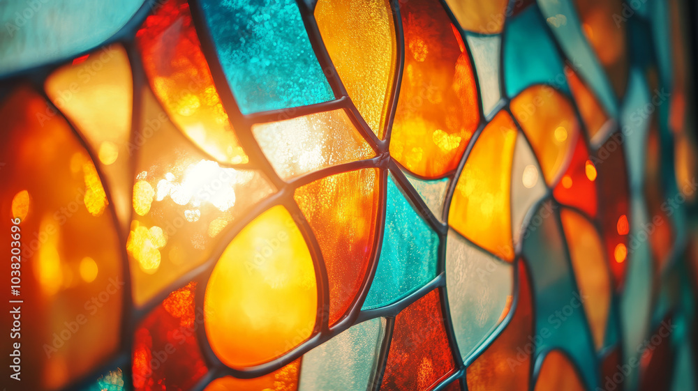 Close-up of a colorful stained glass window with sunlight shining through. Close-up of a colorful stained glass window with sunlight shining through.