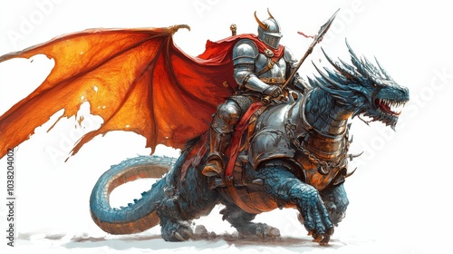 Illustration for a knight in shining armor riding a dragon