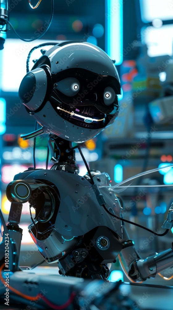 A robot with a smile on its face is standing in front of a building A robot with a smile on its face is standing in front of a building