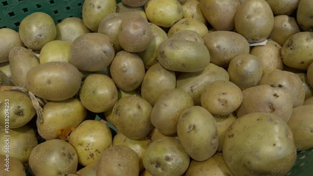 Potatoes in a box on the counter. Shoppers in the store buy ripe potatoes Potatoes in a box on the counter. Shoppers in the store buy ripe potatoes