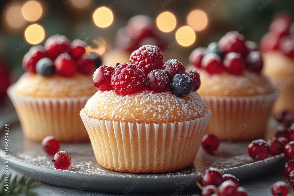 Delicious christmas muffins decorated with berries and icing sugar Delicious christmas muffins decorated with berries and icing sugar