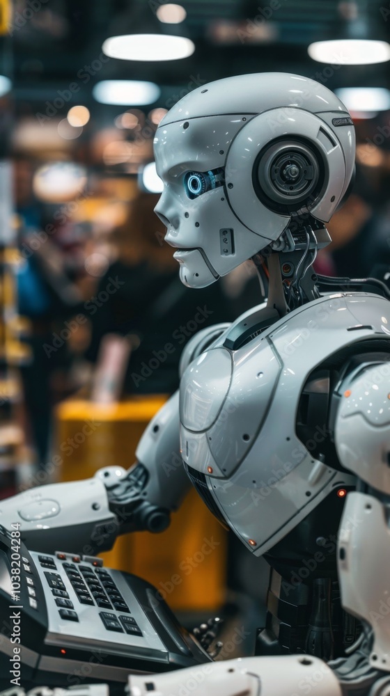 Fototapeta premium A robot is sitting at a keyboard in a room with people