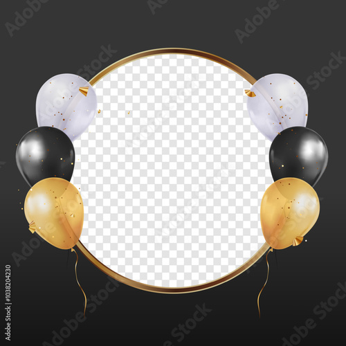Happy birthday photocall with golden frame. Birthday frame with balloons and glitters. Celebration frame for Events and Birthday.
