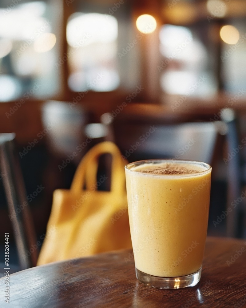 Autumn pumpkin smoothie garnished with nutmeg in a cozy cafe atmosphere Autumn pumpkin smoothie garnished with nutmeg in a cozy cafe atmosphere